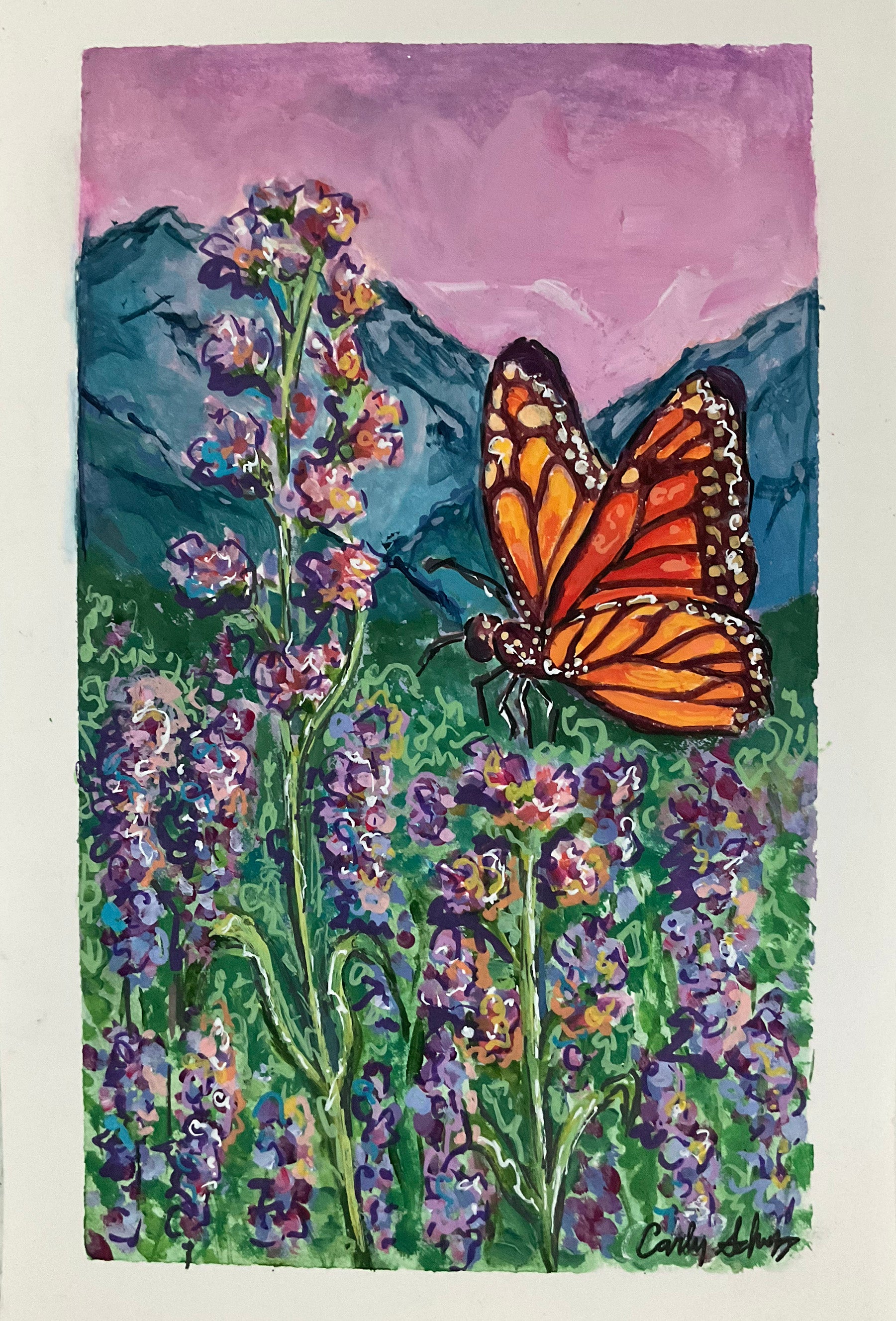 Lavender Field Butterfly, 5.5 x 8.5 Original